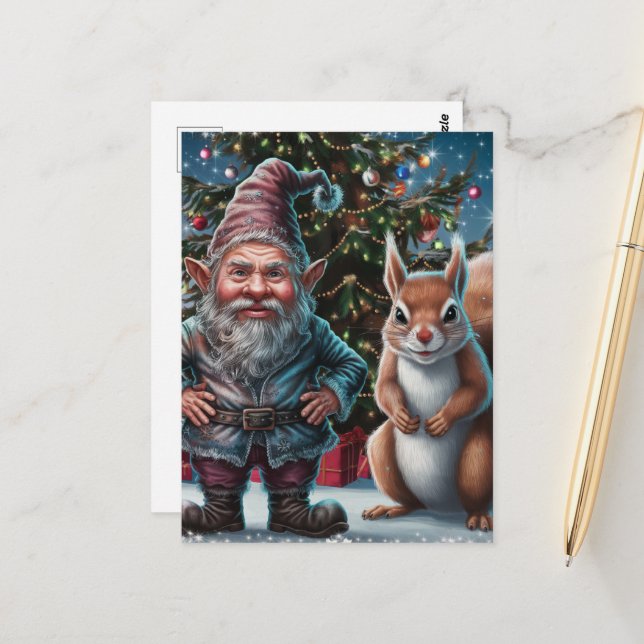 Festive Grumpy Gnome and Squirrel Christmas Postcard (Front/Back In Situ)