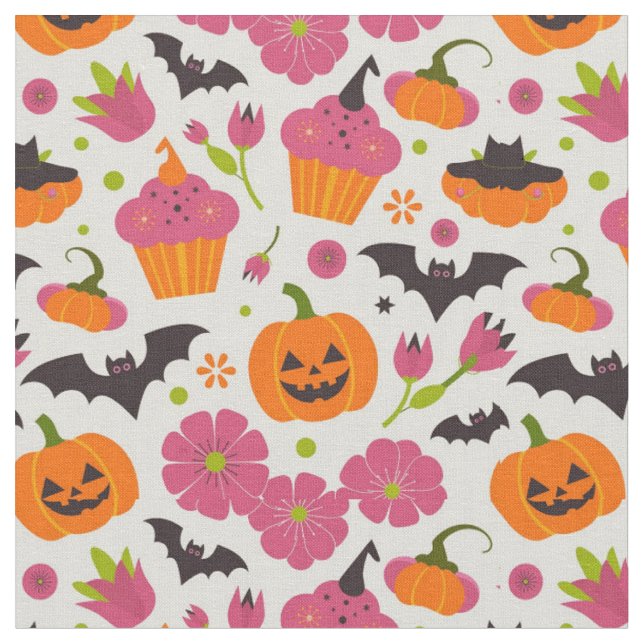Festive Halloween | Cupcakes, Pumpkin & Bats Fabric (Close Up)