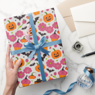 Festive Halloween Cupcakes, Pumpkin & Bats Wrapping Paper
