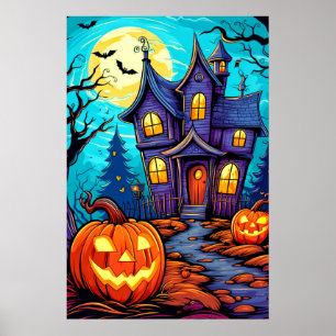 Festive Halloween Haunted House Illustration Poster