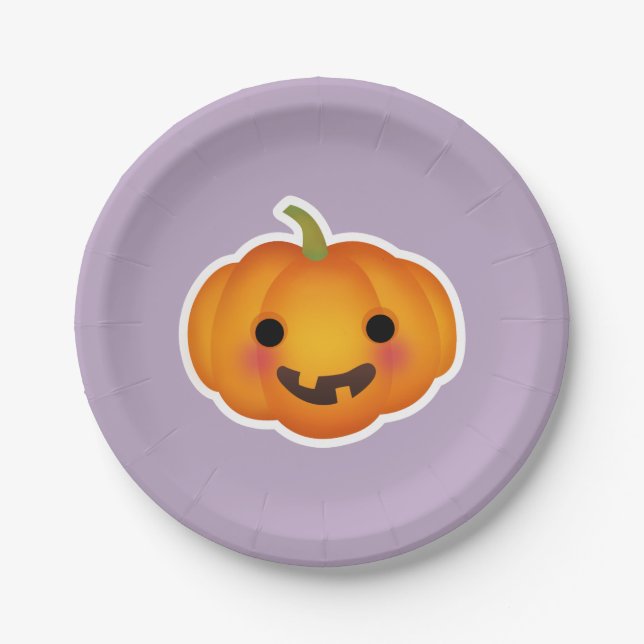 Festive Halloween Orange Pumpkin Purple Background Paper Plate (Front)