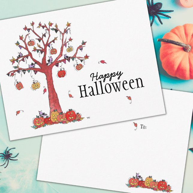 Festive Halloween Party Tree with Birds Invitation Postcard (Creator Uploaded)