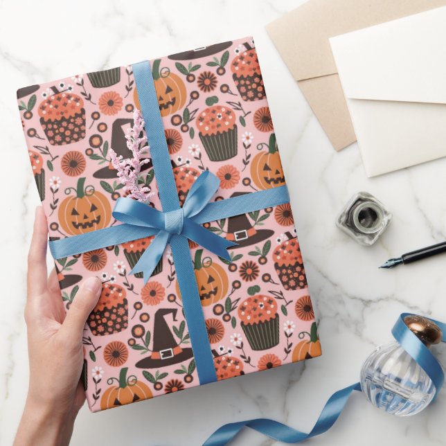 Festive Halloween Pattern | Witches, Pumpkin, Bats Wrapping Paper (Gifting)