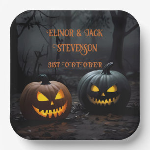 Festive Halloween Pumpkins and Floral Pattern Paper Plate