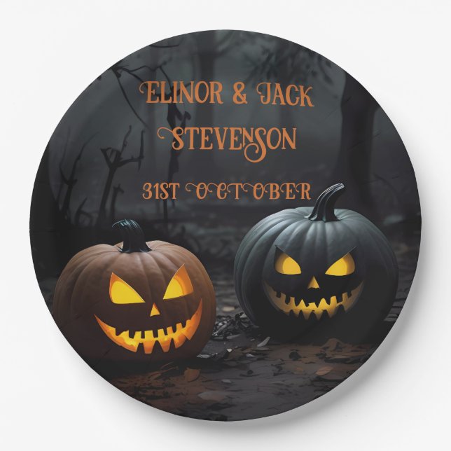Festive Halloween Pumpkins and Floral Pattern Paper Plate (Front)