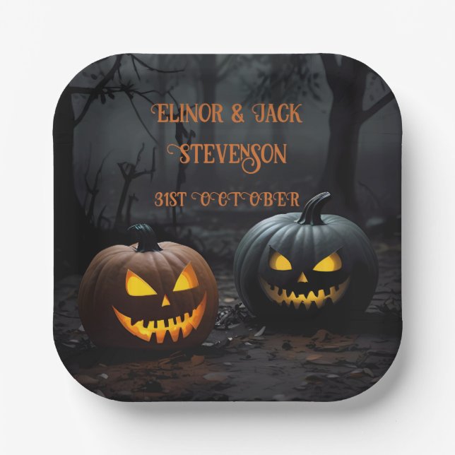 Festive Halloween Pumpkins and Floral Pattern Paper Plate (Front)