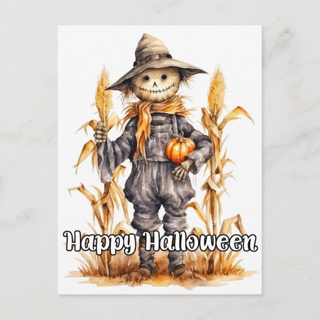 Festive Halloween Scarecrow Pumpkin Postcard (Front)