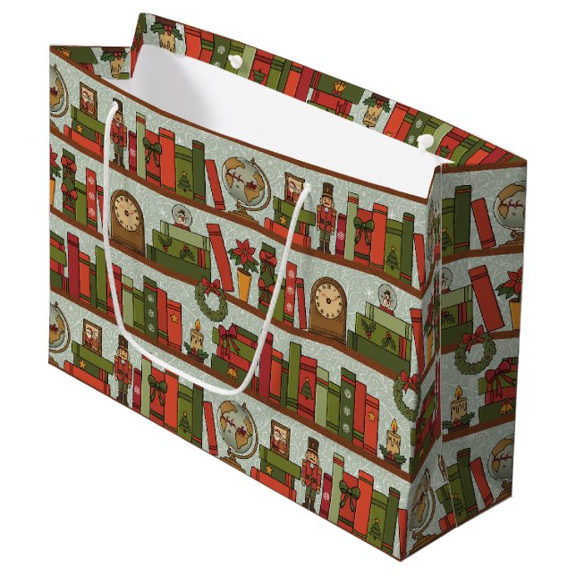 Festive Hand Drawn Bookshelf - Large Gift Bag (Front Angled)