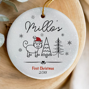 Festive Hand Drawn Doodle Cat First Christmas Ceramic Tree Decoration