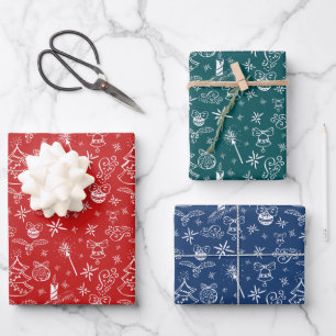 Festive Hand Drawn Doodles Christmas Pattern Wrapping Paper Sheet
