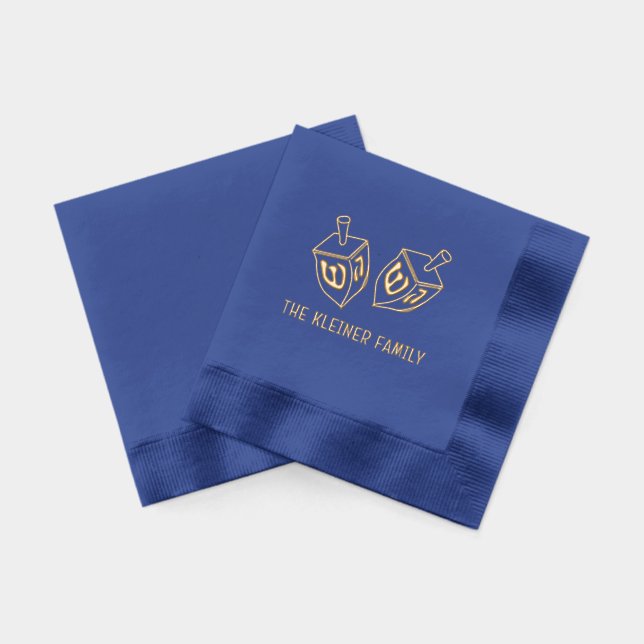 Festive Hanukkah Dreidels Family Name Foil Napkins (Back)