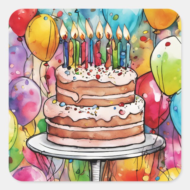 Festive Happy Birthday Cake, Candles & Balloons Square Sticker (Front)