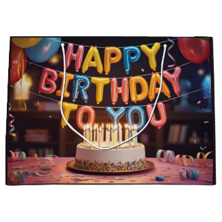 Festive "Happy Birthday" Celebration with Cake Large Gift Bag