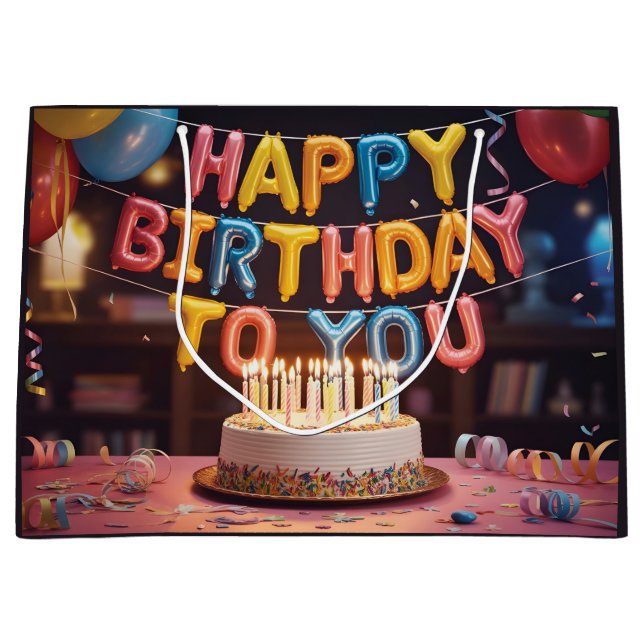 Festive "Happy Birthday" Celebration with Cake Large Gift Bag (Front)