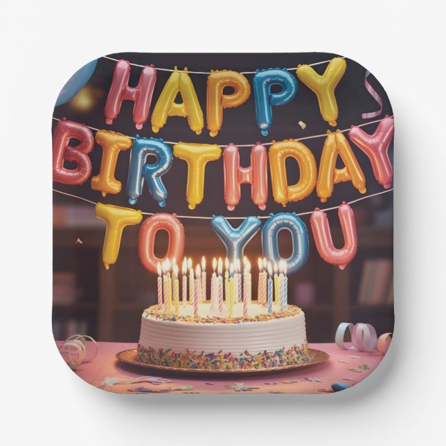 Festive "Happy Birthday" Celebration with Cake Paper Plate (Front)