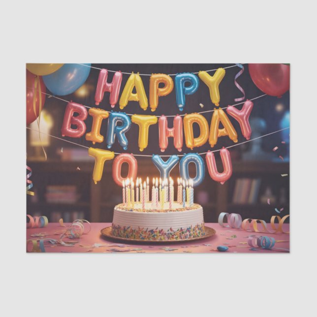 Festive "Happy Birthday" Celebration with Cake Tissue Paper (Front)