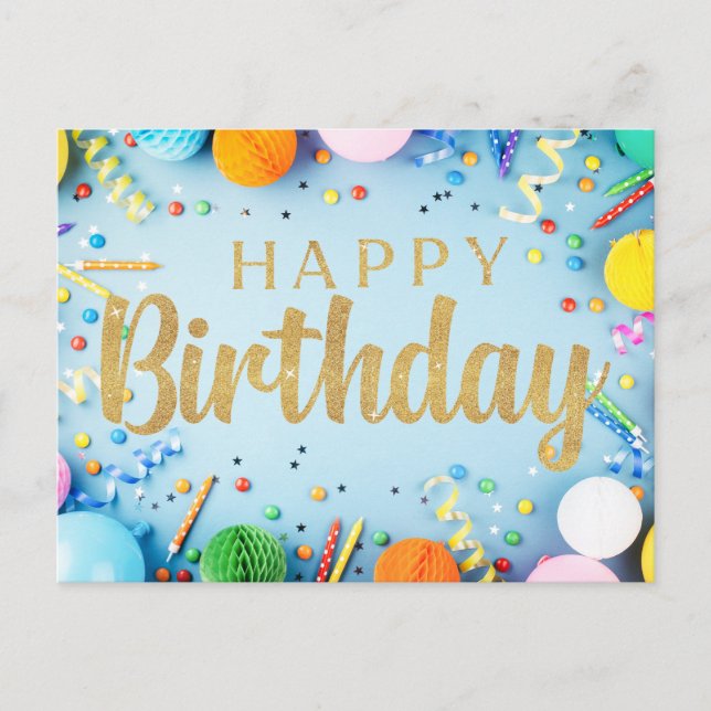 Festive Happy Birthday on pale blue Post Card (Front)