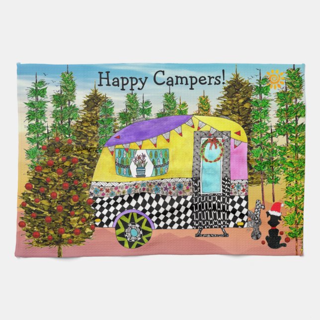 Festive Happy Camper Travel Trailer Kitchen Towel (Horizontal)