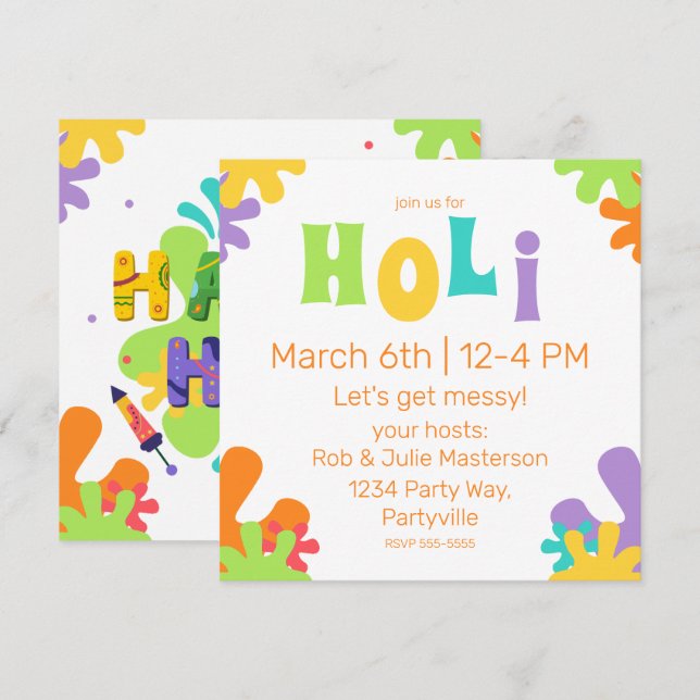 Festive Happy Holi Colourful Paint Splashes Invitation (Front/Back)