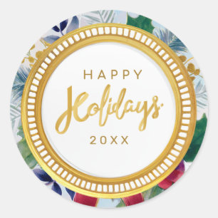 Festive Happy Holiday Botanical Gold Sparkle Classic Round Sticker