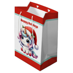 Festive Happy Holidays Christmas unicorn girls  Medium Gift Bag