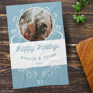Festive Happy Holidays Foliage Blue Couple Photo  Tea Towel