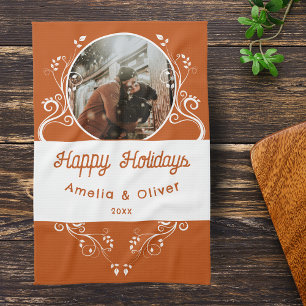 Festive Happy Holidays Foliage Orange Couple Photo Tea Towel