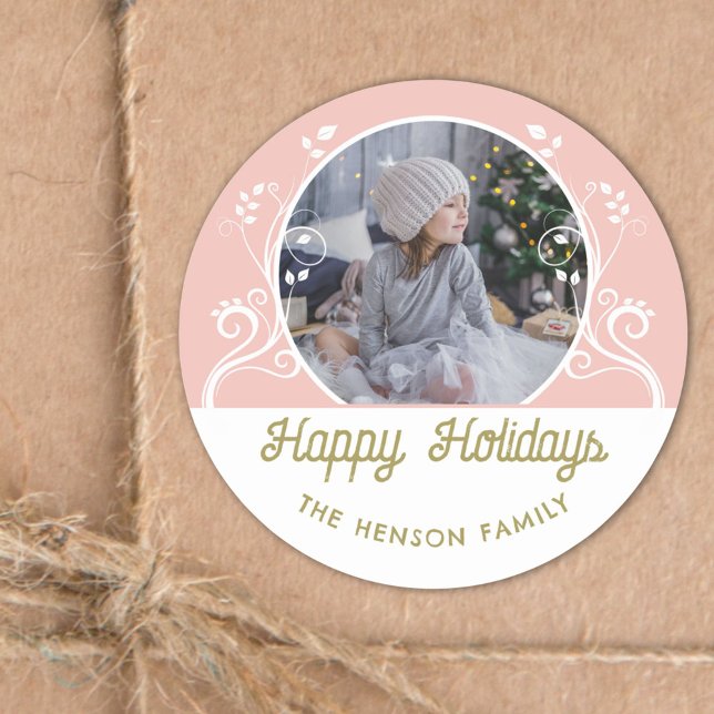 Festive Happy Holidays Foliage Pink Family Photo  Classic Round Sticker (Creator Uploaded)