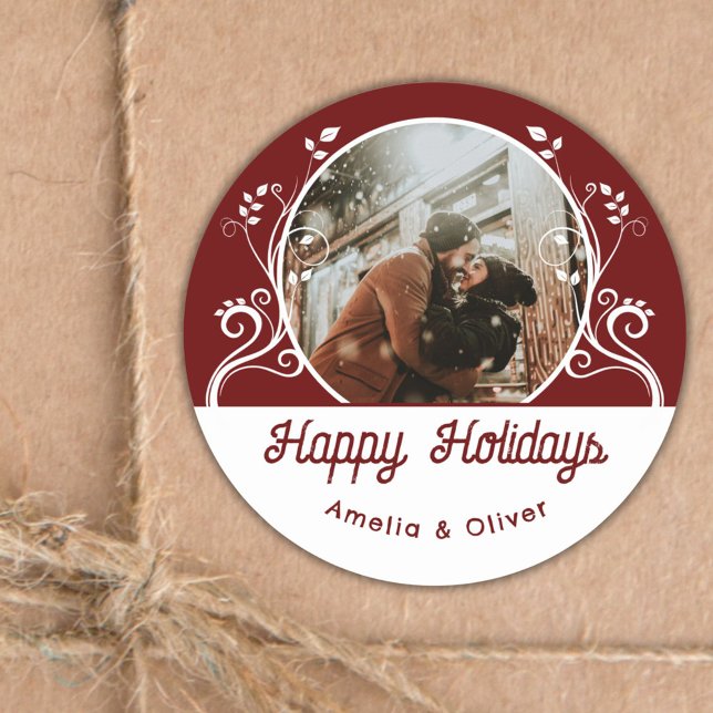 Festive Happy Holidays Foliage Red Couple Photo Classic Round Sticker (Creator Uploaded)