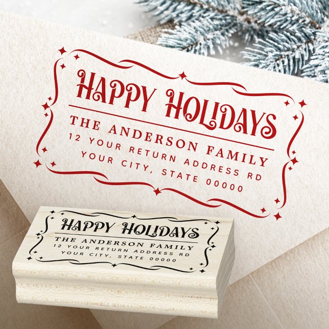Festive Happy Holidays greeting return address Rubber Stamp (Festive Happy Holidays greeting return address Rubber Stamp)