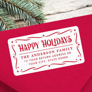 Festive Happy Holidays red white return address Label