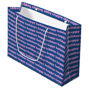 Festive Happy Holidays Text Retro Pink Blue Large Gift Bag