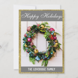 Festive Happy Holidays Wreath Grey & Gold Glitter Holiday Card