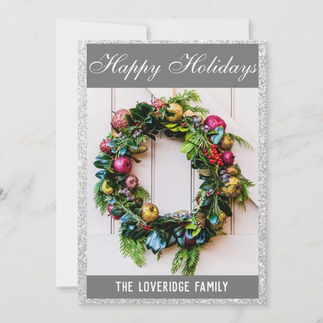 Festive Happy Holidays Wreath Grey Silver Glitter Holiday Card (Front)