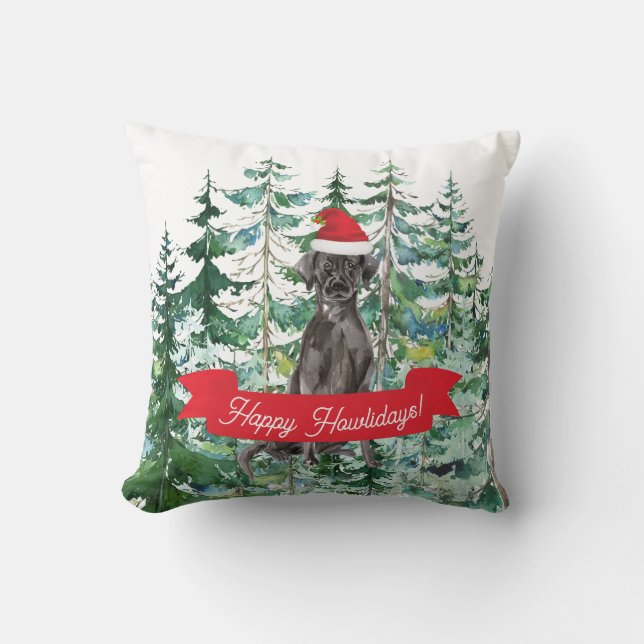 Festive Happy Howlidays Black Lab Dog  Cushion (Front)