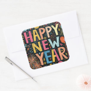 Festive Happy New Year Chalk Work Square Sticker