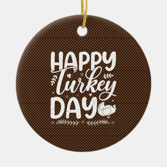 Festive "Happy Turkey Day" Autumn Typography Ceramic Tree Decoration (Front)
