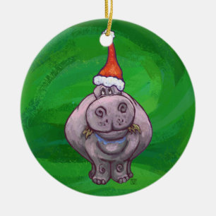 Festive Heads and Tails Hippo On Green Ceramic Tree Decoration