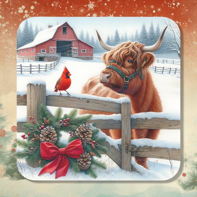 Festive Highland Cow and Cardinal Christmas Square Sticker (Creator Uploaded)