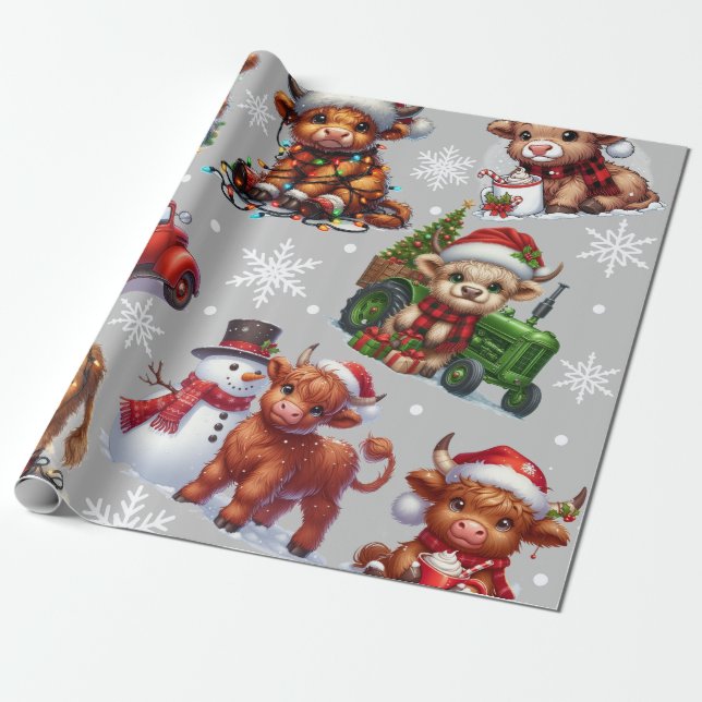 Festive highland cow, Christmas lights Farm Animal Wrapping Paper (Unrolled)
