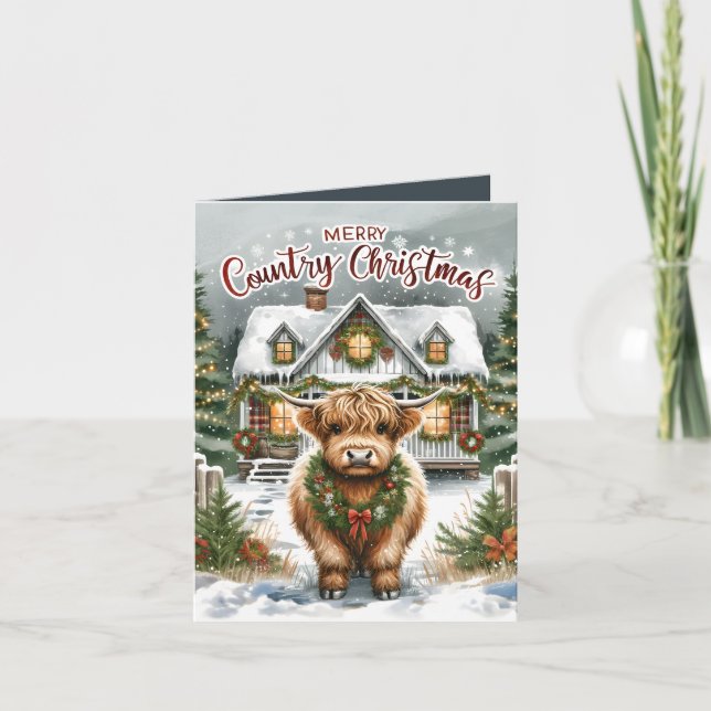 Festive Highland cow Country Christmas  Holiday Card (Front)