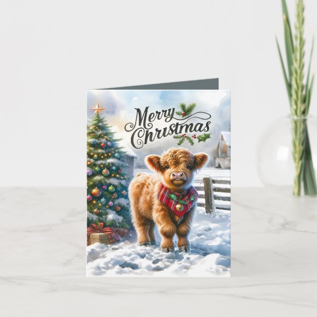 Festive Highland cow Country Christmas Holiday Card (Front)
