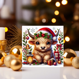 Festive Highland Cow in Santa Hat Holiday Card
