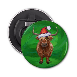 Festive Highland Cow On Green Bottle Opener