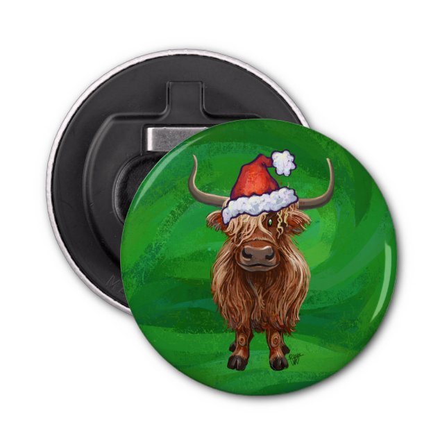 Festive Highland Cow On Green Bottle Opener (Front)