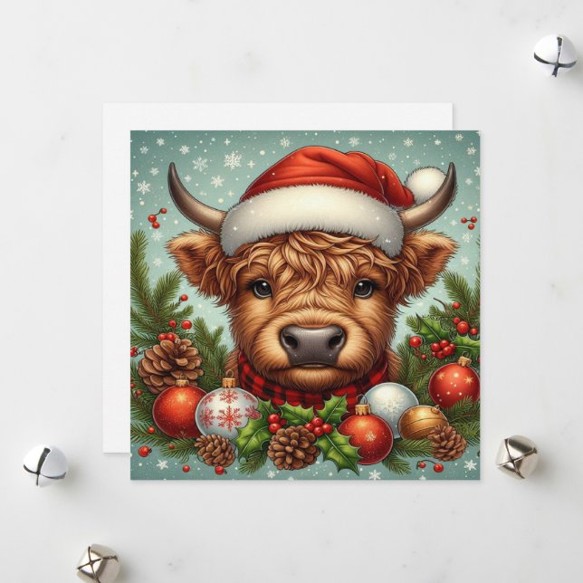 Festive Highland Cow Wearing Santa Hat  Holiday Card (Front/Back In Situ)