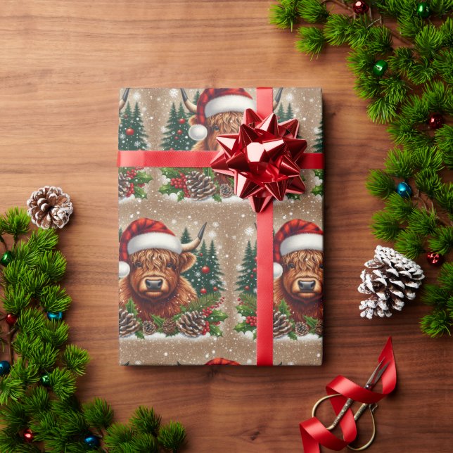 Festive Highland Cow Wearing Santa Hat  Wrapping Paper (Holiday Gift)