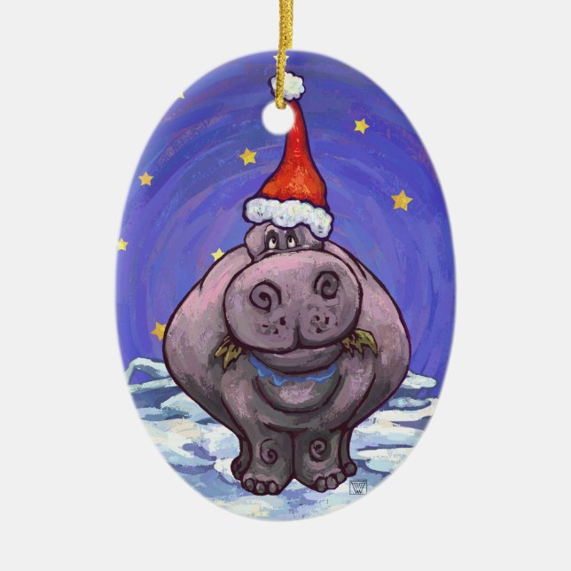 Festive Hippo Holiday Ceramic Tree Decoration (Front)