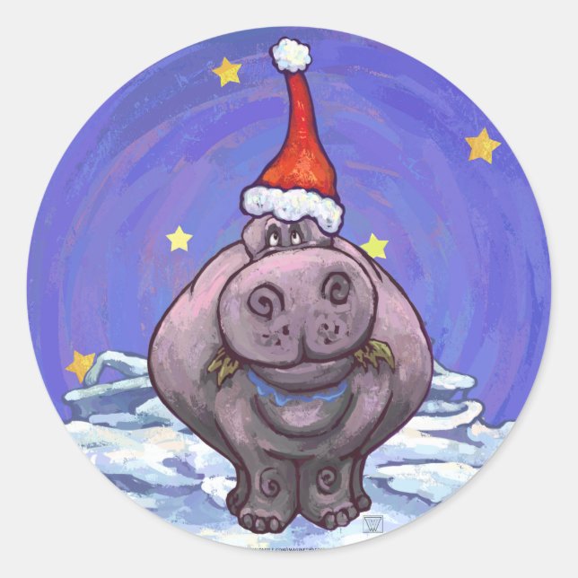 Festive Hippo Holiday Classic Round Sticker (Front)