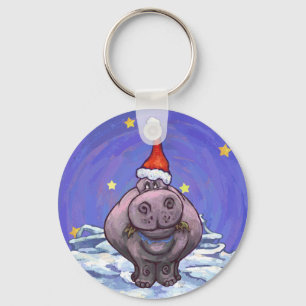 Festive Hippo Holiday Key Ring